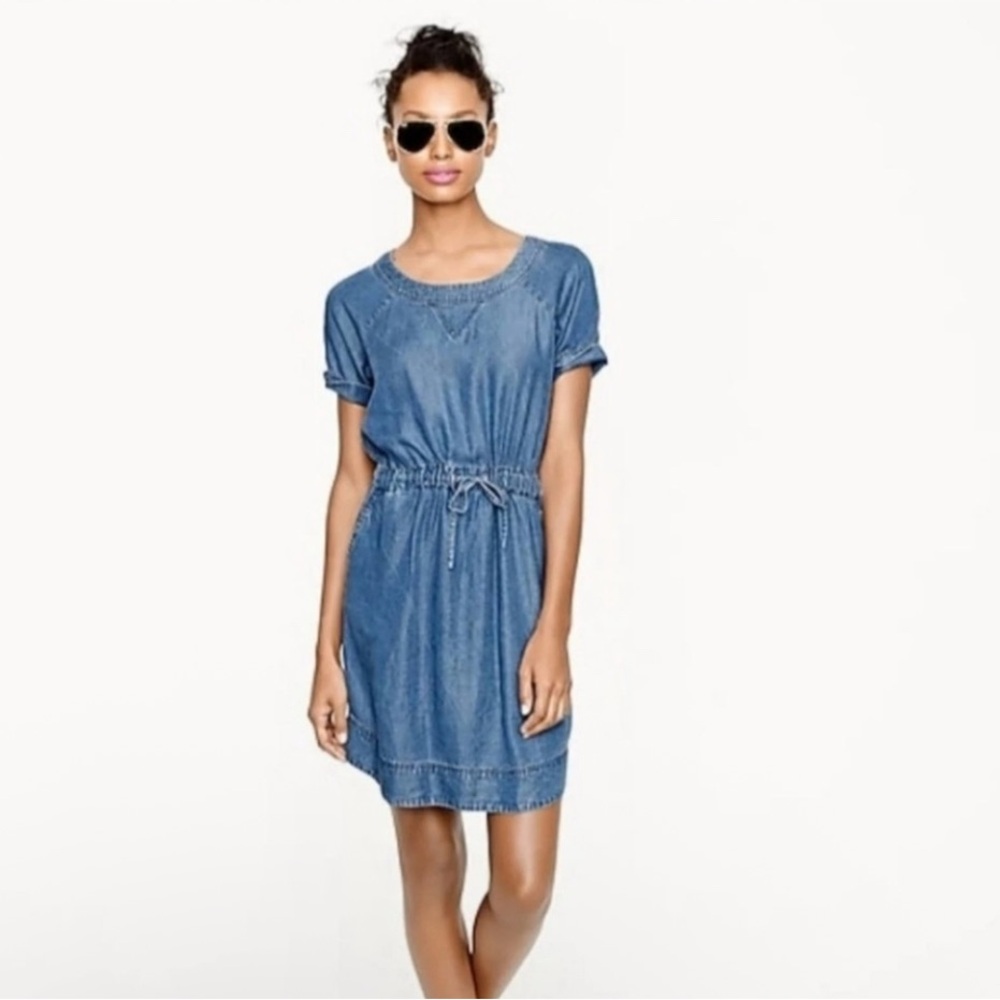 J.Crew Lightweight Washed Chambray Dress Short Sleeve Pockets Size M Tie Waist
